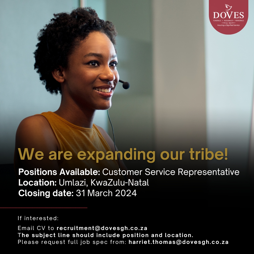 Doves_Insurance's tweet photo. We are expanding our tribe! Check out the vacancies we have available.

If you're interested in joining the Doves family:

Email CV to recruitment@dovesgh.co.za
The subject line should include position and location.
Please request full job spec from: harriet.thomas@dovesgh.co.za https://t.co/6qZstDd2ZX