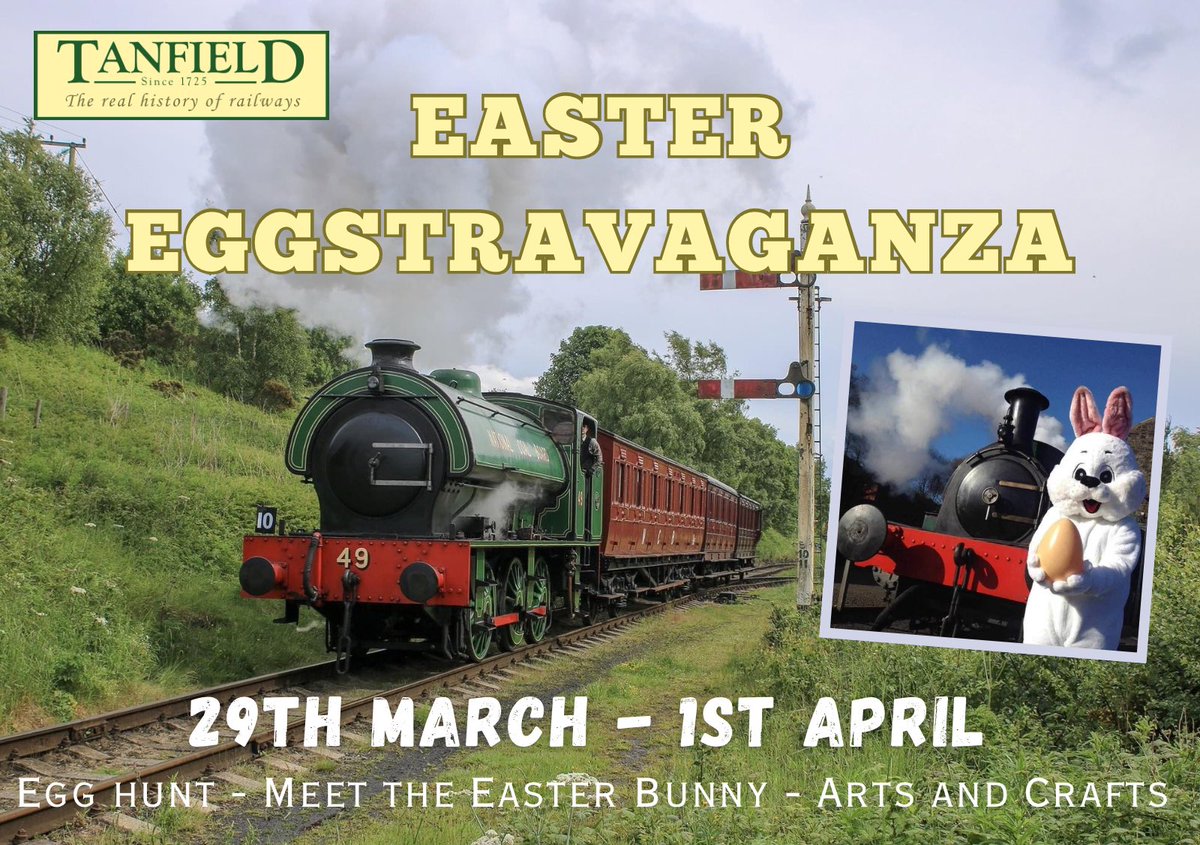 Easter Eggstravaganza- 29th March to 1st April Join us for a “cracking” weekend of “eggcellent” Easter related fun at Tanfield. 🎟️ Book tickets here and save 10% tanfield.vticket.co.uk/product.php/45… ℹ️ Information and train times tanfield-railway.co.uk/wp-content/upl…