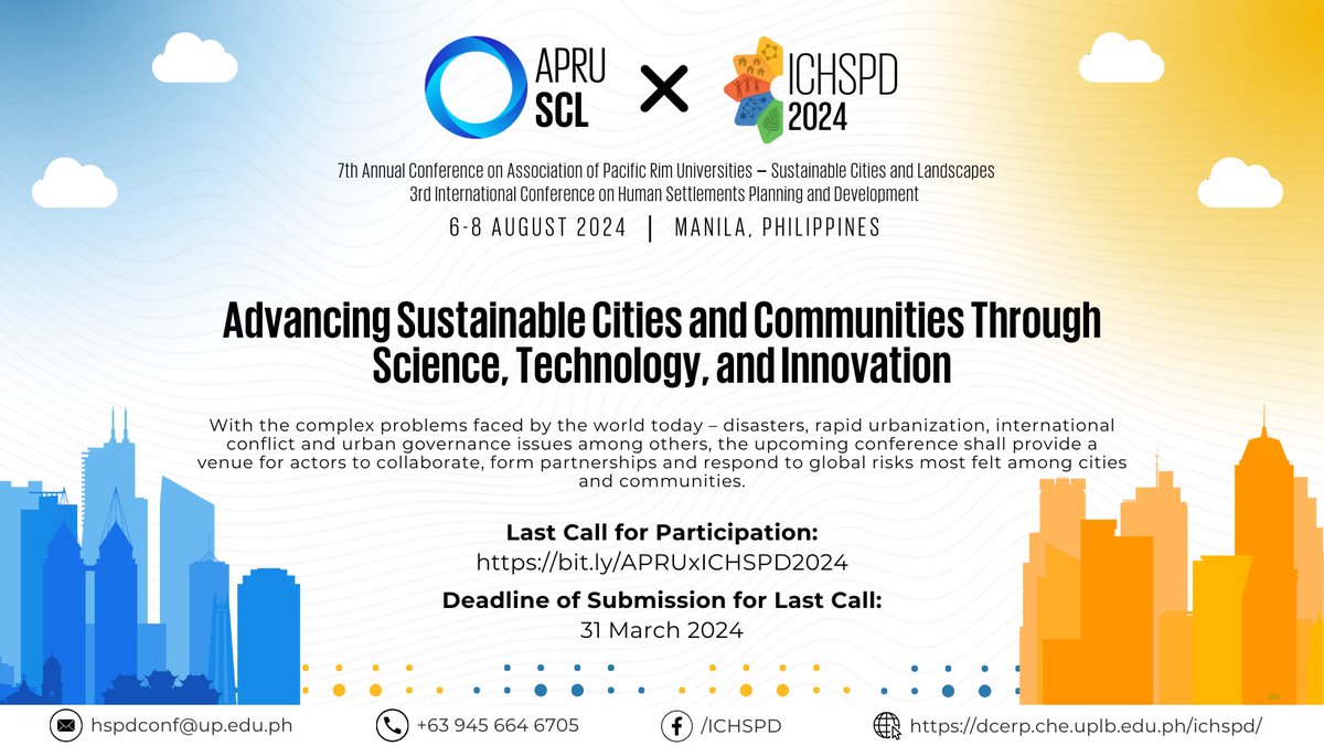 One more week to submit abstract for the 7th #APRU Sustainable Cities & Landscapes Conference 2024 hosted by @APRU_SCL & @upsystem. Don't miss the opportunity to be part of this transformative event! Event Date: Aug 6-8 Deadline: March 31, 2024 More: apru.org/event/the-7th-…