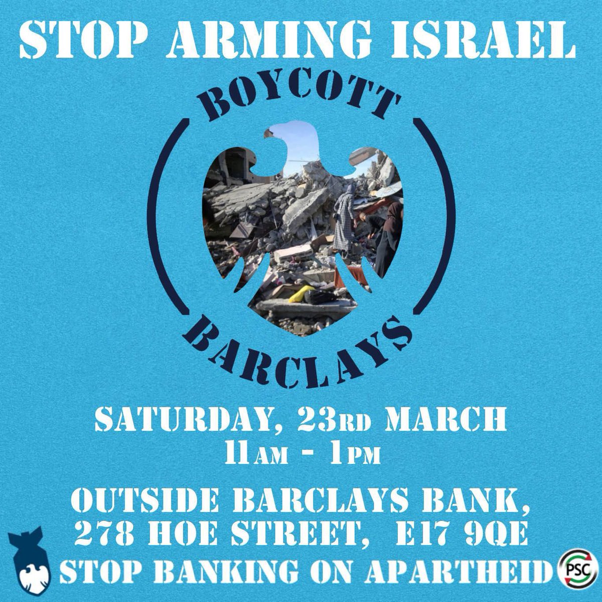 📣📣SATURDAY

Boycott Barclays
#WalthamForest 
#StopArmingIsrael 
#FreePalestine
#FromTheRiverToTheSea 
🇵🇸🇵🇸🇵🇸🇵🇸🇵🇸🇵🇸🇵🇸🇵🇸🇵🇸