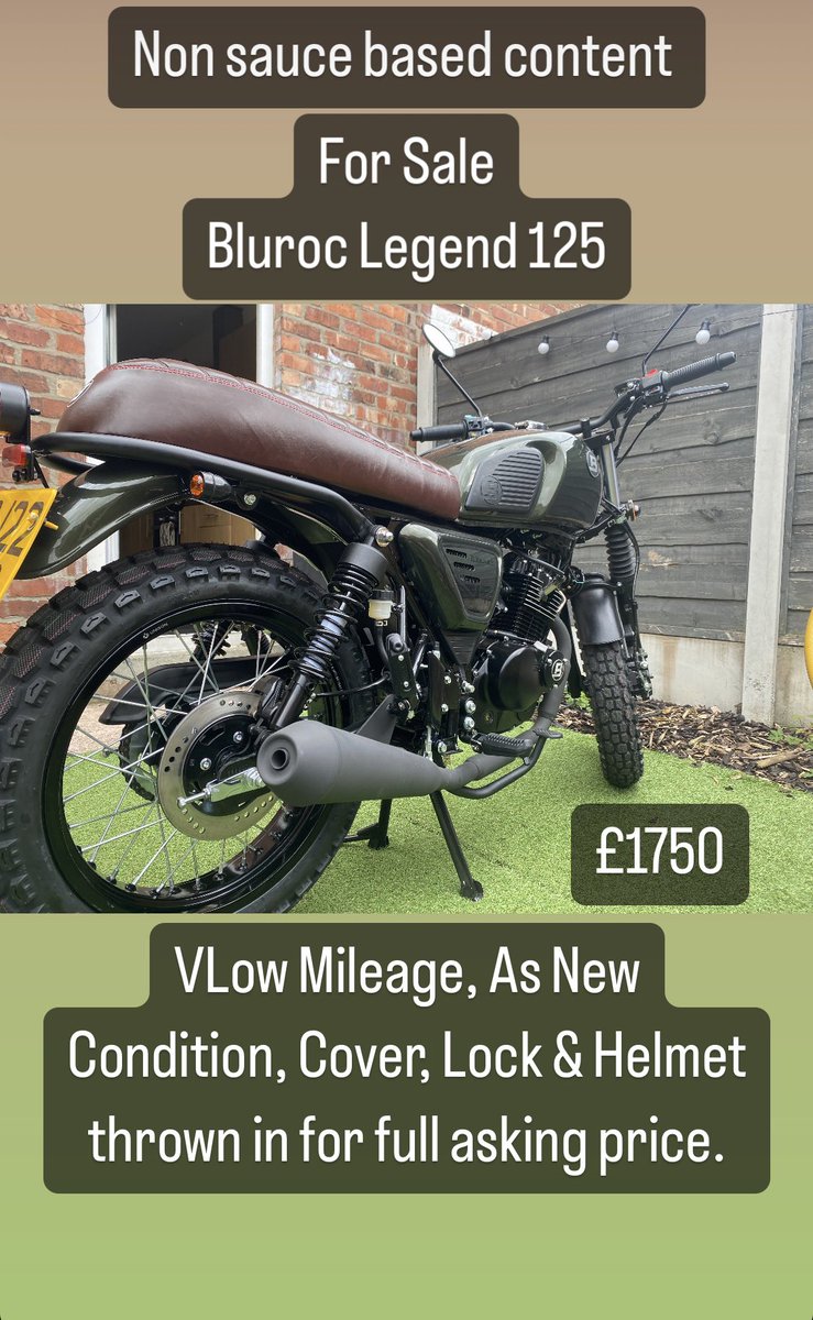 Anyone looking for a cheap runaround? 

Can throw in a cover, lock and awesome Biltwell Lane Splitter 5⭐️ safety rated helmet too.

Looks and sounds great for a 125, loads of miles to the gallon too 👌
