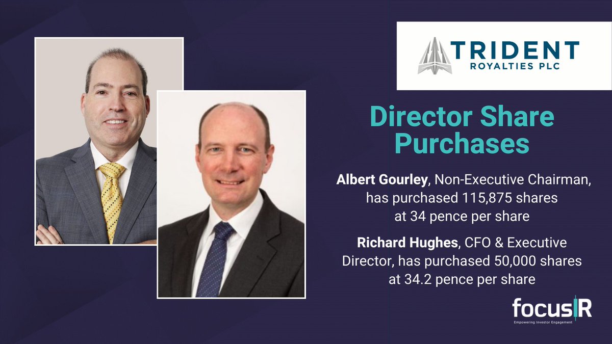 DIRECTOR DEALING(S): Al Gourley, Non-Executive Chairman, and Richard Hughes, CFO of @TridentPlc, now hold 2.73% and 0.34% of the Company's voting rights respectively. #TRR #DirectorDealing