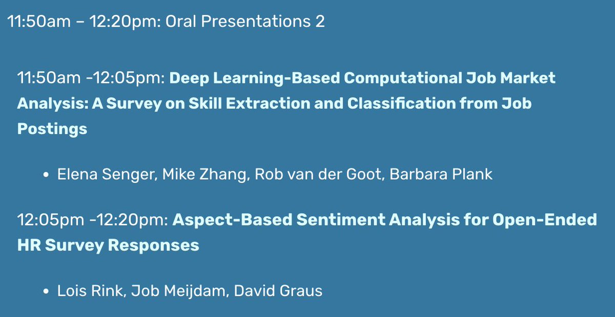 👉 Are you at #EACL2024? Join us for the NLP4HR's second set of Oral Presentations at 11:50am - 12:20pm CET. 
#HR #MachineLearning #AI #NLP #NLProc #phd #datascience #deeplearning #sentimentanalysis #NLP4HR