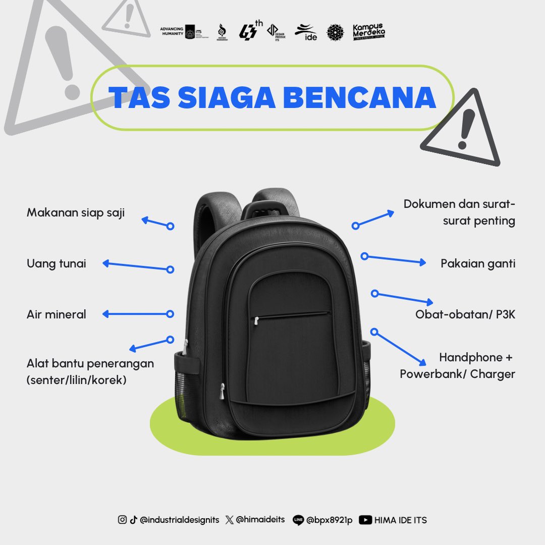 himaideits's tweet photo. Berhubung hari ini udah berkali-kali ngerasain gempa, di sini minde menyarankan teman-teman semua untuk menyiapkan ‘Tas Siaga Bencana’

Apa aja isinya? kurang lebih ada 
- Dokumen dan surat-surat penting
- Makanan siap saji
- Air Mineral
- Obat-obatan/ P3K
- Uang tunai
(cont) https://t.co/DglwcYm9Xz