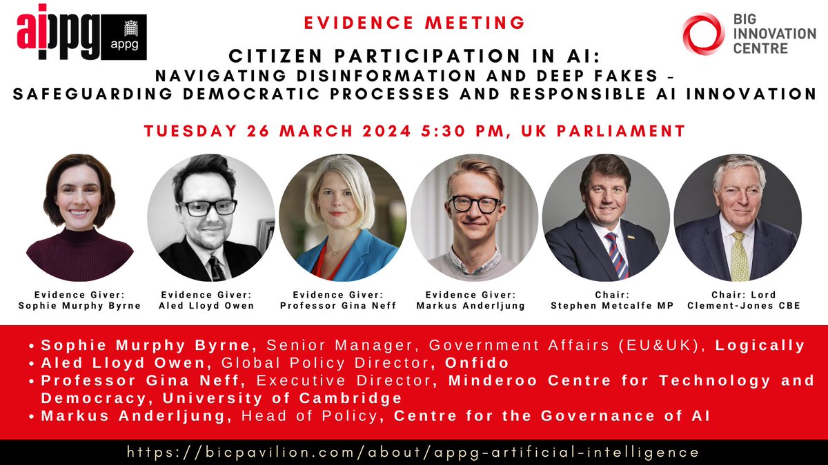 Debate the threat posed by disinformation and deepfakes in democratic processes. Join Appg Ai 26 March - registration on Pavilion: bicpavilion.com/eventdetail/ap… Experts @LogicallyAI @aledlloydowenai @ginasue @Manderljung Chairs @Metcalfe_SBET @TimClementJone1 Secr. @BirgitteBIC