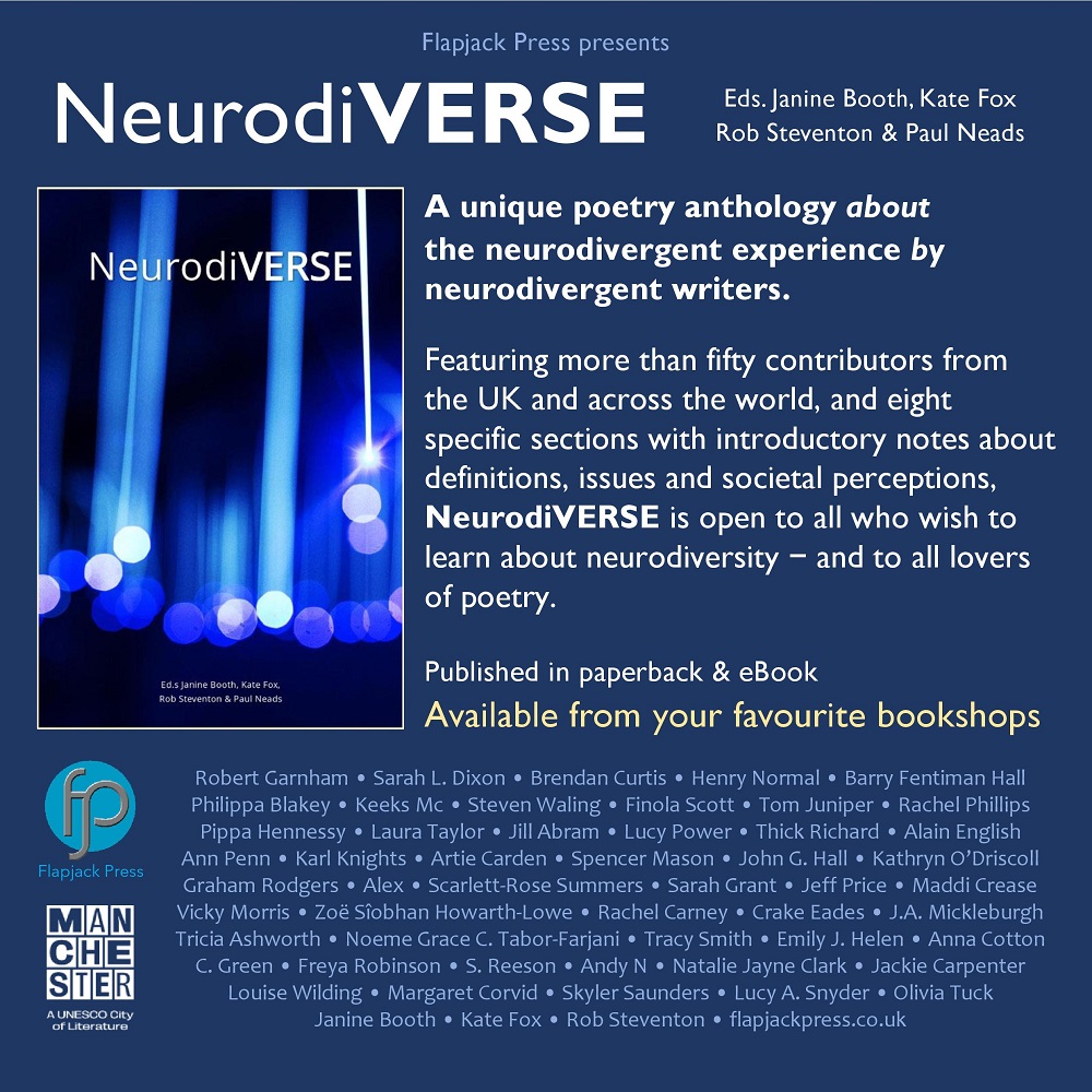 NeurodiVERSE is a unique poetry anthology about the neurodivergent experience by neurodivergent writers. Available now from flapjackpress.co.uk and your favourite bookshops. #NeurodiversityCelebrationWeek #Neurodiversity @katefoxwriter @JanineBooth @Marble_Rob @MCRCityofLit