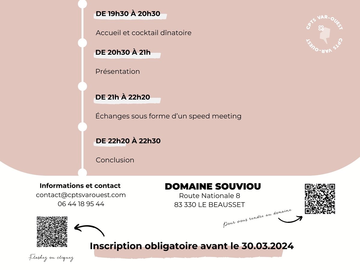 #LesRencontresCPTS by <a href="/CptsVarOuest/">CPTS VAR-OUEST</a> 

#Rencontre2 spéciale #Medecins #AssistantsMedicaux #IPA #InfirmieresAsalee 

"Médecin traitant aujourd’hui et demain : optimisons notre temps"

09 avril 2024 - Domaine Souviou - Le Beausset

Inscription obligatoire :
vu.fr/hgjPV