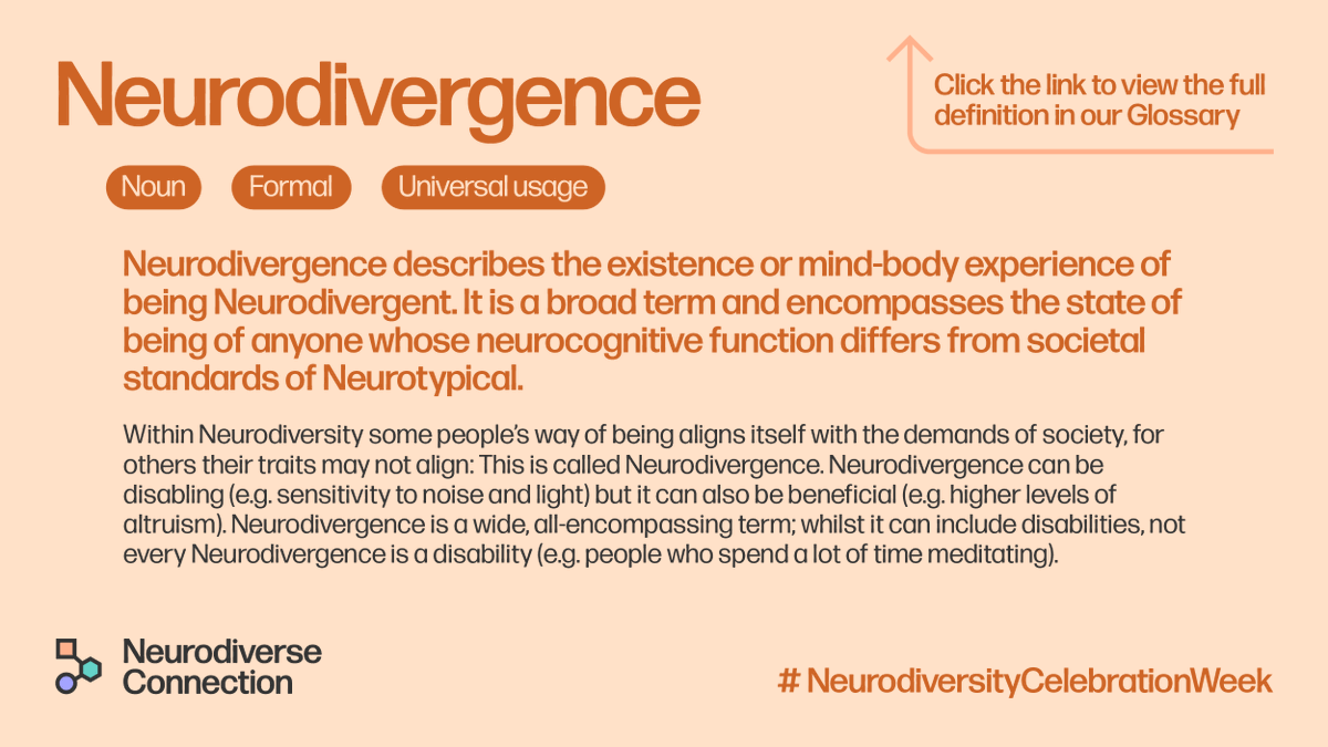 📙 DEFINITION 5/7: 'Neurodivergence'. For the full definition with further notes and examples, check out our online Dictionary of Neurodivergent Language: ndconnection.co.uk/resources/p/di… #NeurodiversityCelebrationWeek #neurodivergentlanguage @NCWeek
