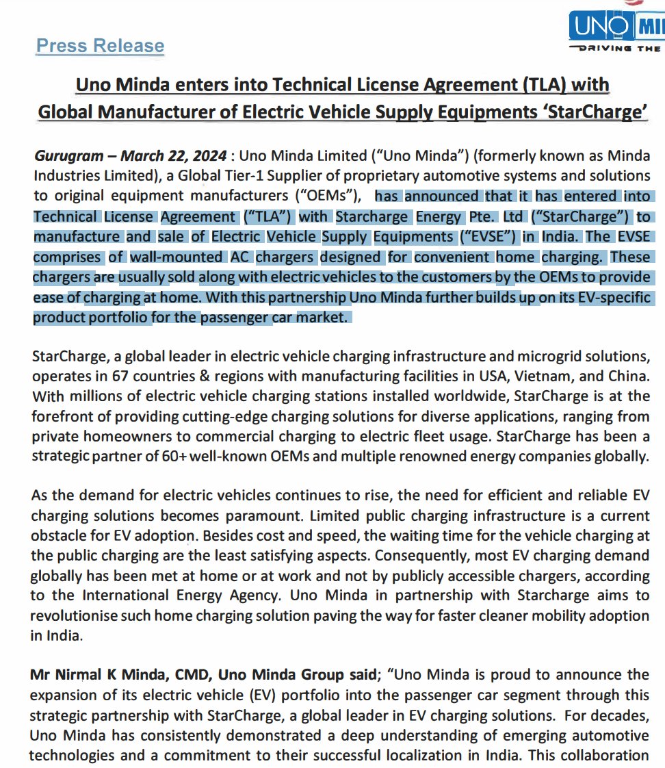 Uno Minda

Co has entered into an agreement with Starcharge Energy to manufacture and sale of Electric Vehicle Supply Equipment ('EVSE') in India

The EVSE comprises of wall-mounted AC chargers designed for convenient home charging

#stockmarkets #Unominda #stockmarkets #EV