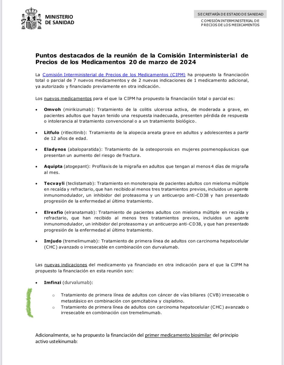 Great news for patients diagnosed with #BiliaryMalignancies and #HCC in #Spain Recommendation to fund #Durvalumab: 1.- Biliary: in combination with #CisGem 2.- HCC: in combination with #tremelimumab Great start of the weekend! 😊 @GrupoTTD @_SEOM @CcaEns @EASLnews @myESMO