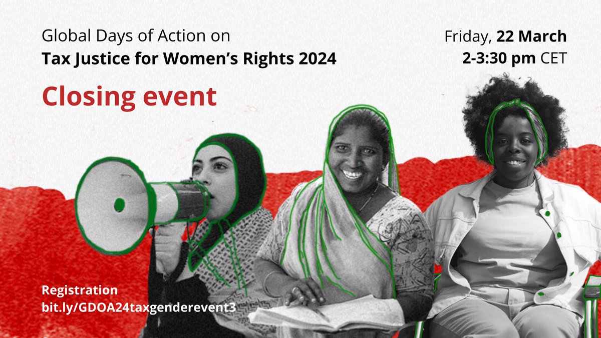 📢On the last day of this year's #MakeTaxesWorkForWomen campaign on #TaxFairly4Care, join us at the closing event to reflect on demands & next steps & get a sneak peek into the Tax & Gender WG's new strategy for 2024-2028 🤫

📆 22 March, 1-2:30 pm GMT
🔗 bit.ly/3Py8jCC@GA4TJ