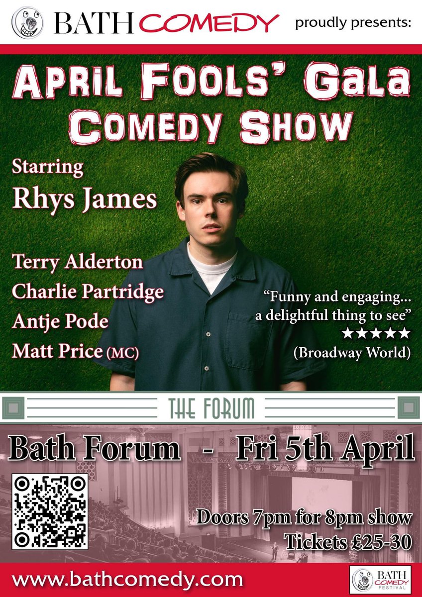 We’re looking forward to this amazing gala comedy show at @TheForumBath on 5th April with @rhysjamesy, @TerryAlderton, @carlporridge, Antje Pode and @mattpricecomic hosting - what a line-up! #livecomedy #LaughInBath #BathComedyFest @WhatsOn_BA @BathEnts @BathEcho @BritishComedy