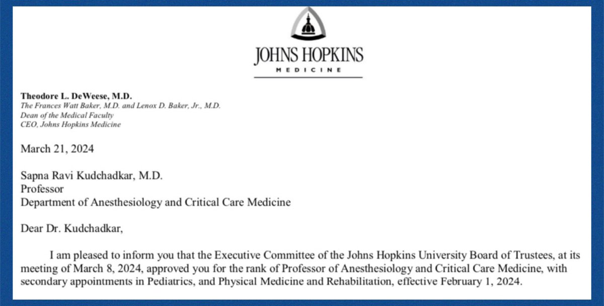 Sapna Kudchadkar, MD, PhD (@sapnakmd) on Twitter photo So many of you have supported me for so long on this academic medicine journey, so sharing some news.
Promoted to full Professor of #Anesthesiology & #CriticalCareMedicine, #Pediatrics & #PMR <a href="/HopkinsMedicine/">Johns Hopkins Medicine</a>. 🎉
Here’s to keeping that door open & fixing the leaky pipeline, So many of you have supported me for so long on this academic medicine journey, so sharing some news.
Promoted to full Professor of #Anesthesiology & #CriticalCareMedicine, #Pediatrics & #PMR <a href="/HopkinsMedicine/">Johns Hopkins Medicine</a>. 🎉
Here’s to keeping that door open & fixing the leaky pipeline,