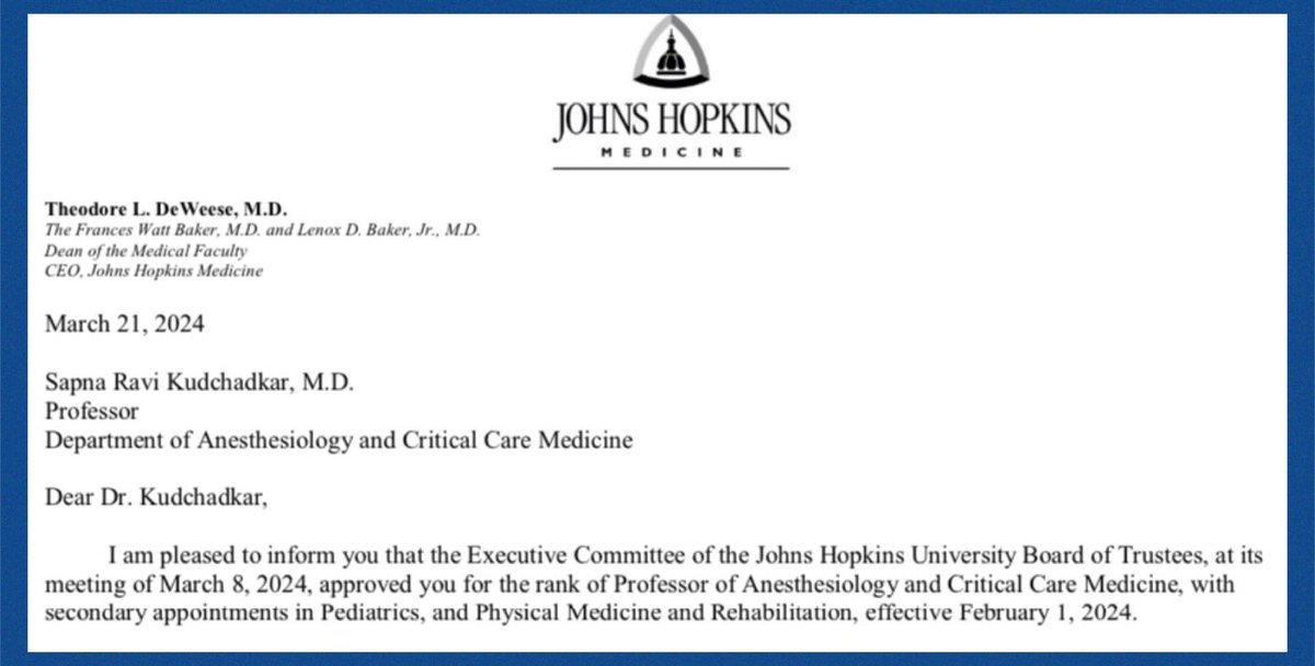 So many of you have supported me for so long on this academic medicine journey, so sharing some news. Promoted to full Professor of #Anesthesiology & #CriticalCareMedicine, #Pediatrics & #PMR @HopkinsMedicine. 🎉 Here’s to keeping that door open & fixing the leaky pipeline,…