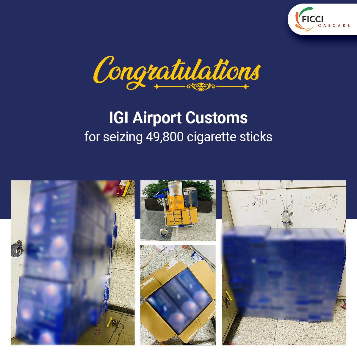 Congratulations to the IGI Airport Customs for their successful seizure of 49,800 cigarette sticks. Your dedication to curbing illicit activities and protecting public health is truly commendable. #IndianCustomsAtWork #PublicHealth #Seizure #Cigarette