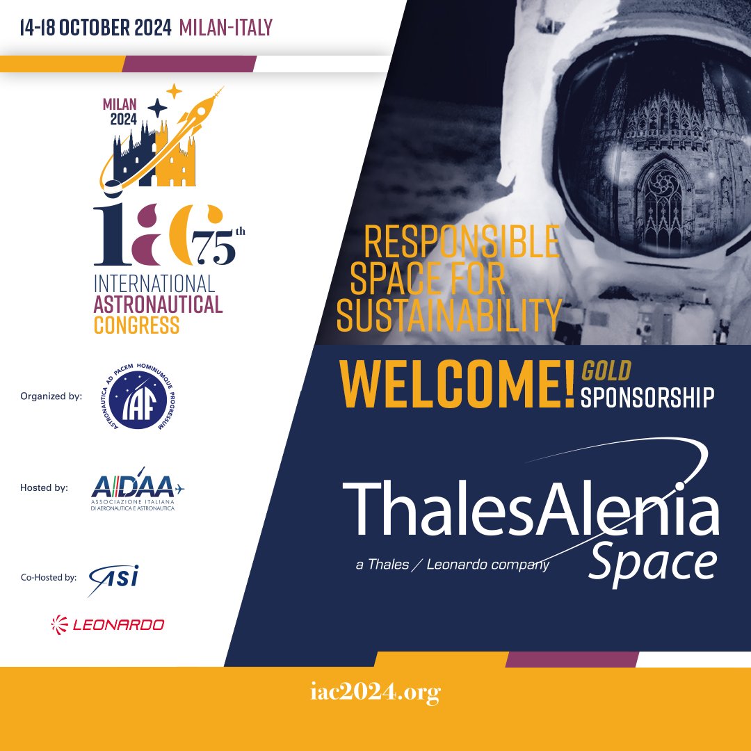 Great news!

We are thrilled to announce that @Thales_Alenia_S has come on board as a Gold Sponsor for the upcoming #IAC2024.
Stay tuned to discover all the next sponsors for this amazing #IAC2024
#GoldSponsor