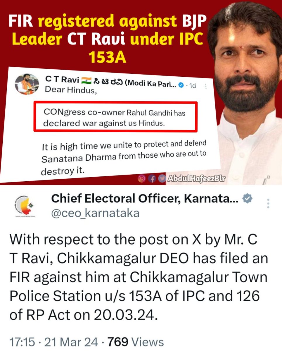 AbdulHafeezBlr's tweet photo. FIR registered against BJP Leader CT Ravi under IPC 153A #FIR #CTRavi #BJP #CTRavibjp https://t.co/H6iW1xh0VJ