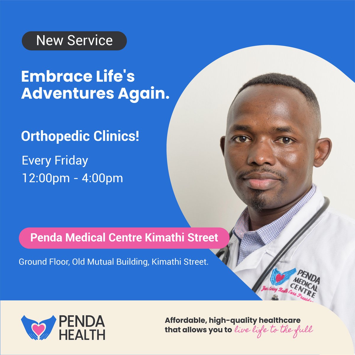 Orthopedic clinics are now available at Penda Medical Centre Kimathi Street every Friday 12pm-4pm!📷📷

Move freely, live life to the full.
Pigia Penda on 0207909045 or Chat na Penda on 0207640471 for inquiries.
#livelifetothefull
#affordable
#highqualityhealthcare