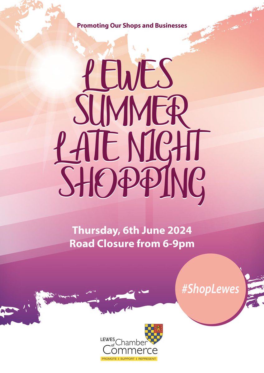A reminder that Summer Late Night Shopping is on Thursday 6th June from 6pm to 9pm!

(A big thank you to Chamber Member @hrscreative for doing the graphic design.)

#lewes #shoplewes #shoplocal #shoplocalbusiness