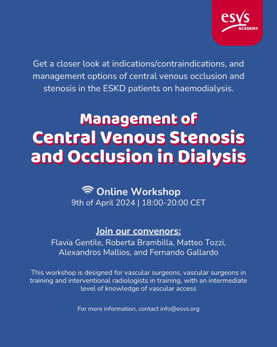 As the number of patients with end stage renal disease on catheter increase, central venous stenosis and occlusion has become a common vascular disorder. Attend this course to learn how to manage central venous stenosis and occlusion dialysis. esvs.org/event/esvs-man… @drflaviag