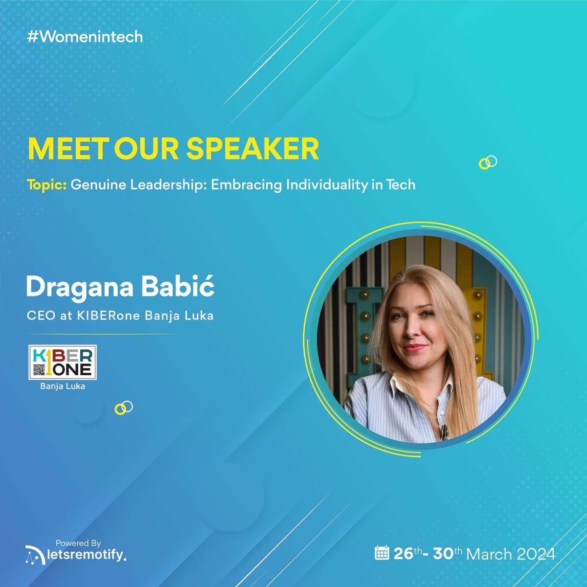 letsremotify's tweet photo. 🎤Speaker Announcement!   Join us for an insightful webinar session featuring Dragana Babić, CEO of KIBERone and pioneer in the Balkan tech industry &amp; Country Lead of
@WomenTechNet
Learn about "Genuine Leadership: Embracing Individuality in Tech" https://t.co/M1Tv4GzjSZ