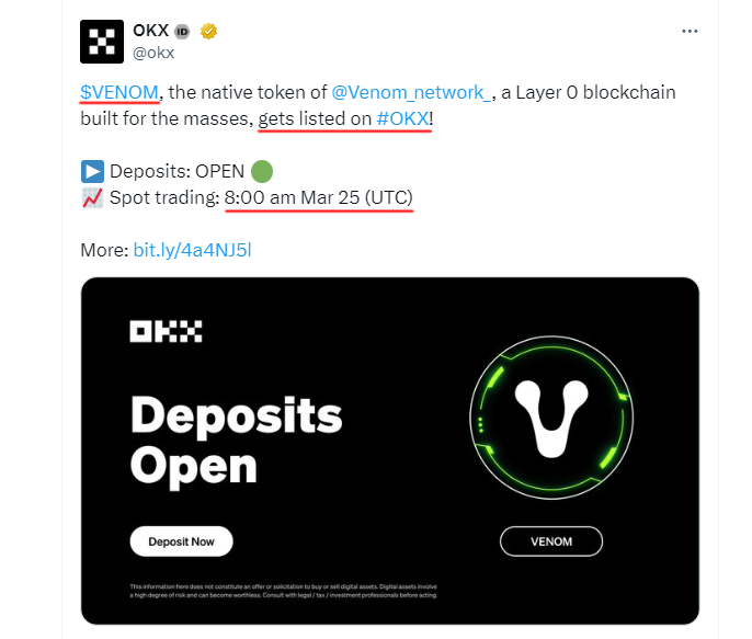 Crypto_Pranjal's tweet photo. Venom Token Coming Soon! 🚀

OKX has just announced the listing of @Venom_network_'s native token $VENOM. 

Trading will commence on March 25th at 8 AM UTC. 

However, there has been no announcement regarding the claiming time of the airdrop.