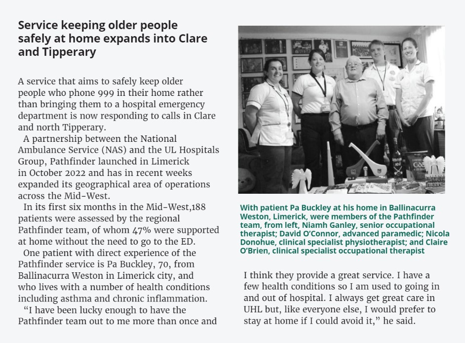 National Ambulance Service ๐ฎ๐ช๐ (@ambulancenas) on Twitter photo The Limerick Pathfinder service was launched in October 2022. Since then, operations have expanded across the Mid-West into Clare and Tipperary.
Read about patient Pa Buckley's experience here, from the Spring 2024 edition of <a href="/HSELive/">HSE Ireland</a>'s #HealthMatters magazine. The Limerick Pathfinder service was launched in October 2022. Since then, operations have expanded across the Mid-West into Clare and Tipperary.
Read about patient Pa Buckley's experience here, from the Spring 2024 edition of <a href="/HSELive/">HSE Ireland</a>'s #HealthMatters magazine.