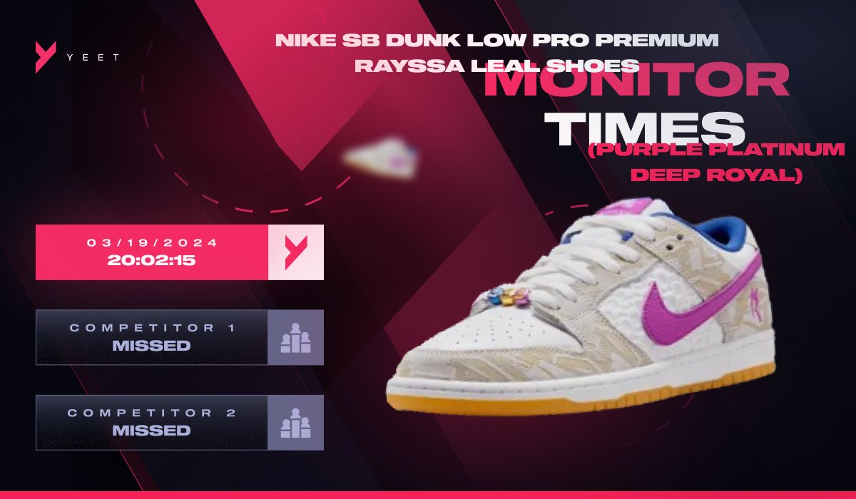 Yeet Monitors was once again the only efficient monitor provider to ping the Nike SB Dunk Low Rayssa Leal drop through its Skatedeluxe monitor this week!🥳 Users have successfully copped the product, once again! 🔥 Upgrade your monitors game! Join Yeet, link in bio💚