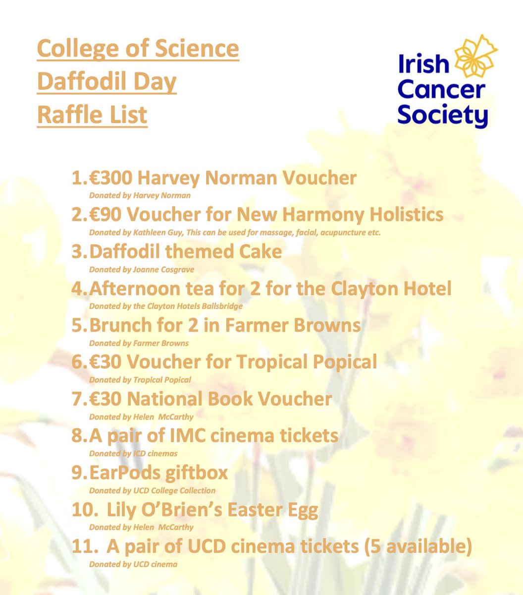 Happy Daffodil Day! 🌼

We will be hosting our <a href="/ucdscience/">UCD Science</a> <a href="/ucd_biosoc/">UCD Biological Society</a> bake sale and raffle in aid of the <a href="/IrishCancerSoc/">Irish Cancer Society</a> on Monday 25th of March. Please support this incredible charity by buying a delicious baked good or entering our raffle to win one of the amazing prizes!