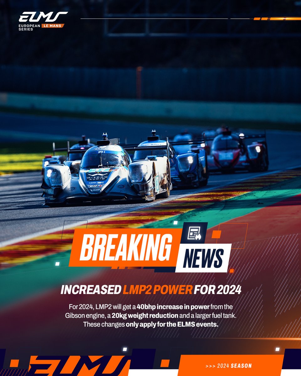 EuropeanLMS's tweet photo. ELMS 👉 the new home for LMP2
In 2024, expect LMP2 cars to push even further:
➡️ Power boosted from 540 to 580bhp
➡️ Weight trimmed from 950 to 930kg
➡️ Fuel tank capacity increased
Faster and fiercer, the 22 LMP2 cars are geared up to deliver the most intense competition yet in #ELMS!