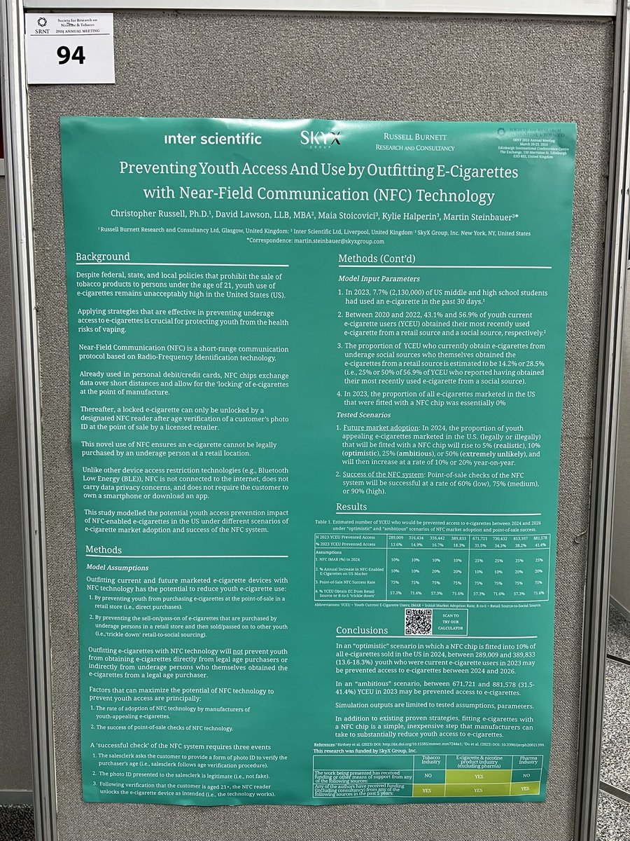 If you’re at the SRNT Annual Meeting in Edinburgh today, come along to our poster between 12:30-14:00 to hear about our modelling study:

“Preventing Youth Access and Use by Outfitting E-Cigarettes with Near-Field Communication (NFC) Technology”