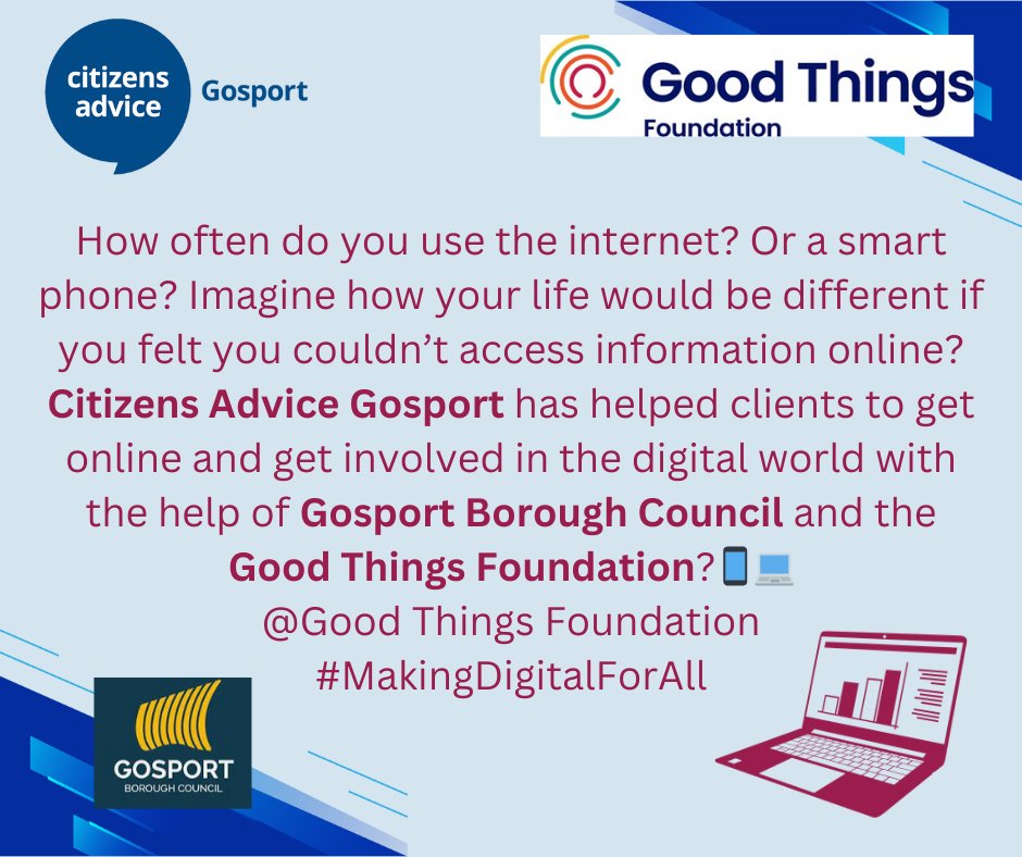 Nowadays getting online is just a part of life. But what if you couldn't get online? How would your life be different? What wouldn't you be able to do?
CAG is helping in #MakingDigitalForAll so everyone can access the digital world.
#makingdigitalforall #citizensadvicegosport