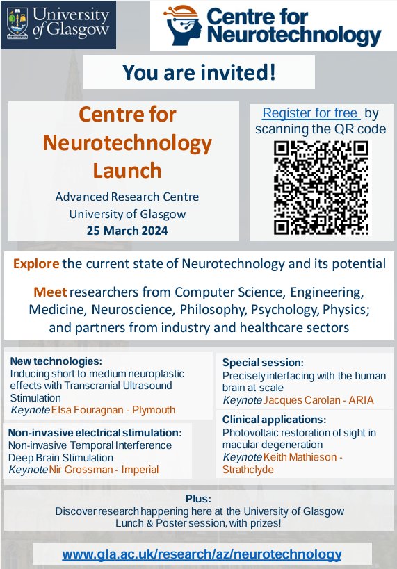 We’re super excited to officially launch our brand new Centre for Neurotechnology at @UofGlasgow with a Workshop on Neurotechnology next Monday 25th March @SimonHanslmayr @CCNi_UofG @uofgmvlsengage @UofGMVLS