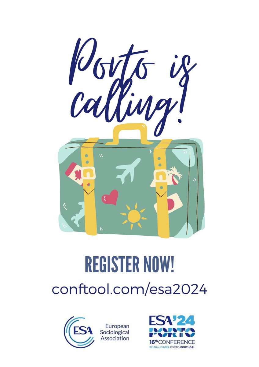 Registration for the 16th ESA Conference, which will be held in Porto from 27-30 August 2024, is now open! Secure your spot today at conftool.com/esa2024 and join us for an inspiring conference. Porto is calling! Register now! #ESA2024 #ESAPorto24