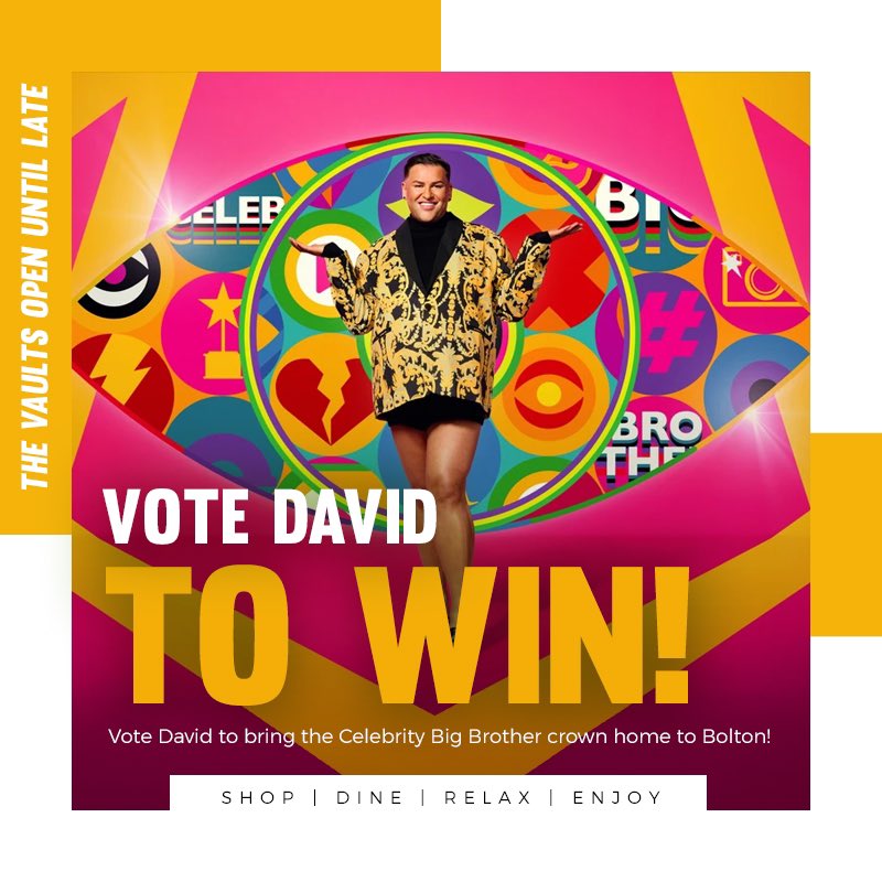 🌟 Bolton's own @davidpottsx has made it to the finals of Celebrity Big Brother! 🏆 Let's show our support and vote for him to win! Head to the app and use your 5 votes now, or visit the CBB website to vote! #CBBUK #VOTEDAVID #BoltonProud #TeamDavid