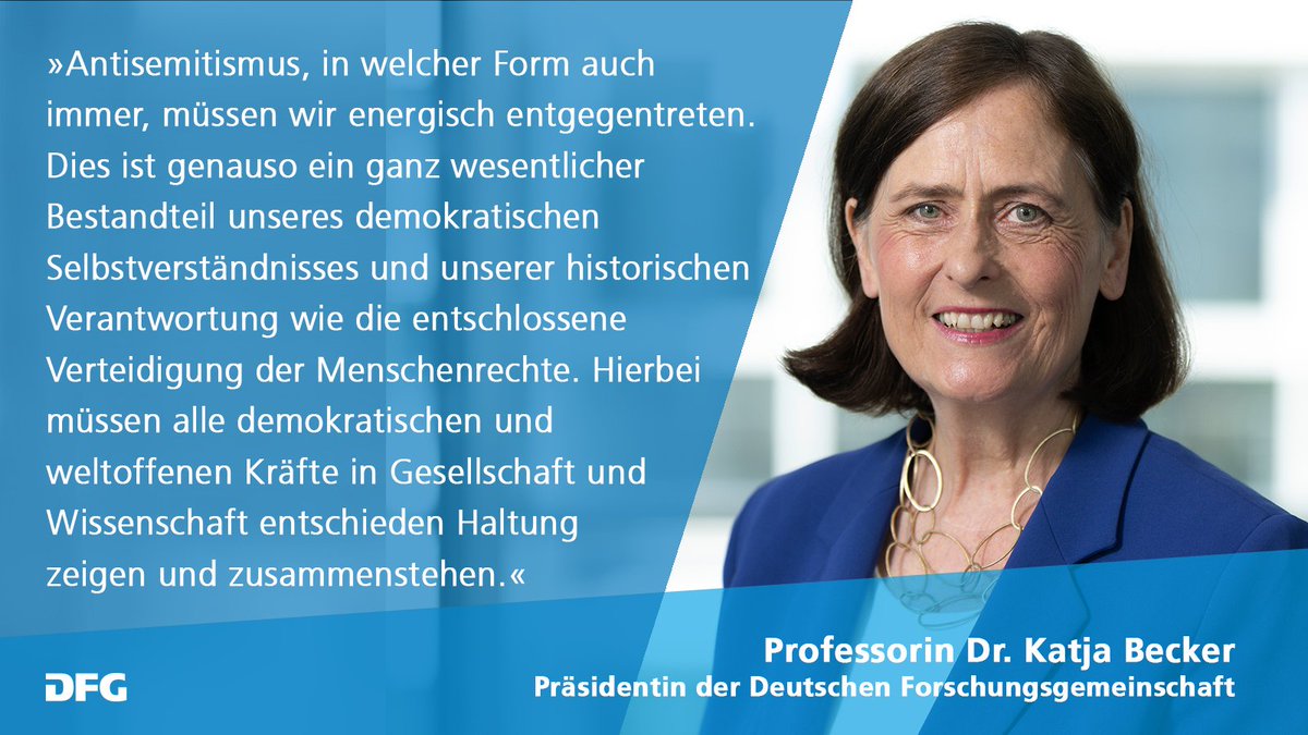 Präsidentin Katja Becker wandte sich vor dem #DFG-Hauptausschuss erneut gegen den erstarkenden Antisemitismus in der Gesellschaft und Wissenschaft. Alle demokratischen und weltoffenen Kräfte müssten entschieden Haltung zeigen und zusammenstehen. Mehr: dfg.de/de/service/pre…