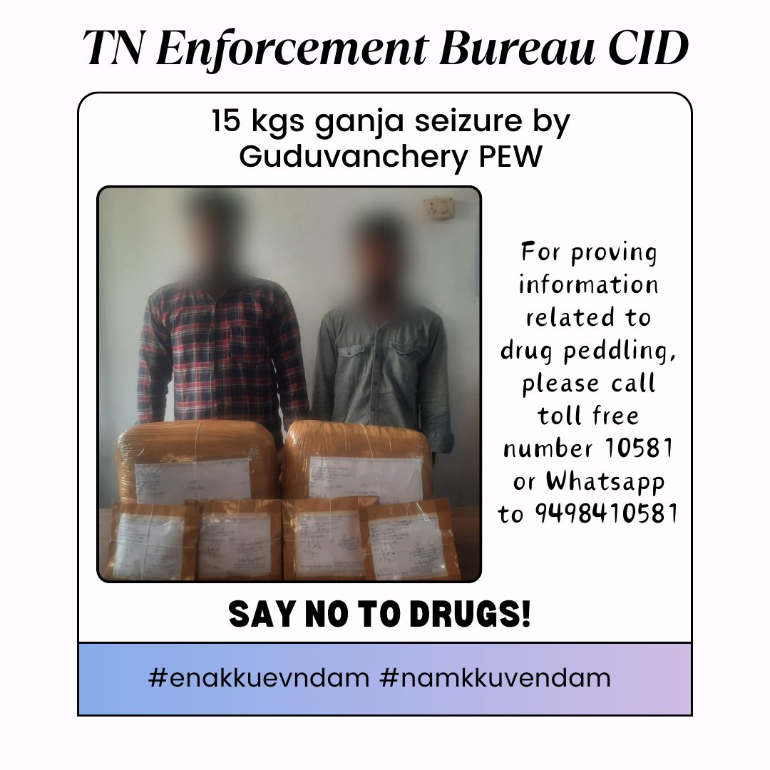 Guduvanchery PEW police personnel conducted ganja raid at Perungalathur and seized 15 kgs ganja from two accused who were then arrested.
<a href="/tnpoliceoffl/">Tamil Nadu Police</a> <a href="/drugfreetn/">enforcementbureautn</a> 
#10581 #tnprohibition #enakkuvendam #namkkuvendam #SayNoToDrugs
