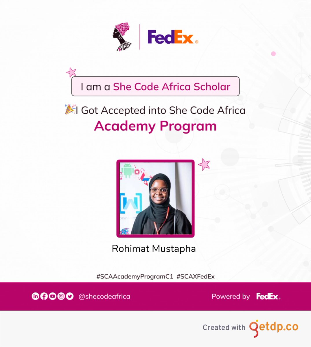 heemahmuslad's tweet photo. Thrilled to announce that I've been accepted into @shecodeafrica Academy Program 1.0! 🎉 Ready to embark on this incredible journey of learning, growth, and empowerment. Let's code for change! 💻✨ #SheCodeAfrica #WomenInTech  #SCAAcademyProgramC1  #SCAXFedEx https://t.co/y4Cj3aTBvs