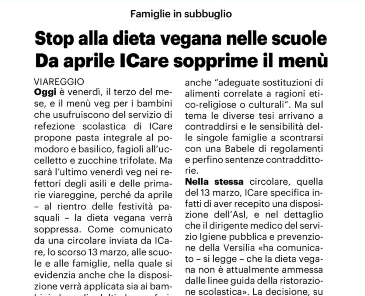 L’opzione vegana sarà soppressa per i bambini in mense scuole di Viareggio per decisione dirigente Asl! Ma non lo può fare perchè scelta etica è prevista da Linee Guida e Circolari @MinisteroSalute! Chiediamo intervento a Presidente @EugenioGiani Assessore @SBezzini