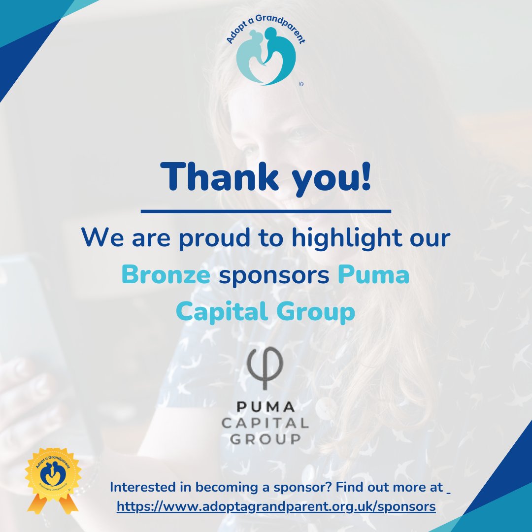 We're delighted to introduce you to our latest Bronze sponsor... Puma Capital Group! 🤝

Their mission is to invest in relationships to amplify the success of the people they support; matching perfectly to our charitable goals.

Thank you for your support!

#AdoptaGrandparent