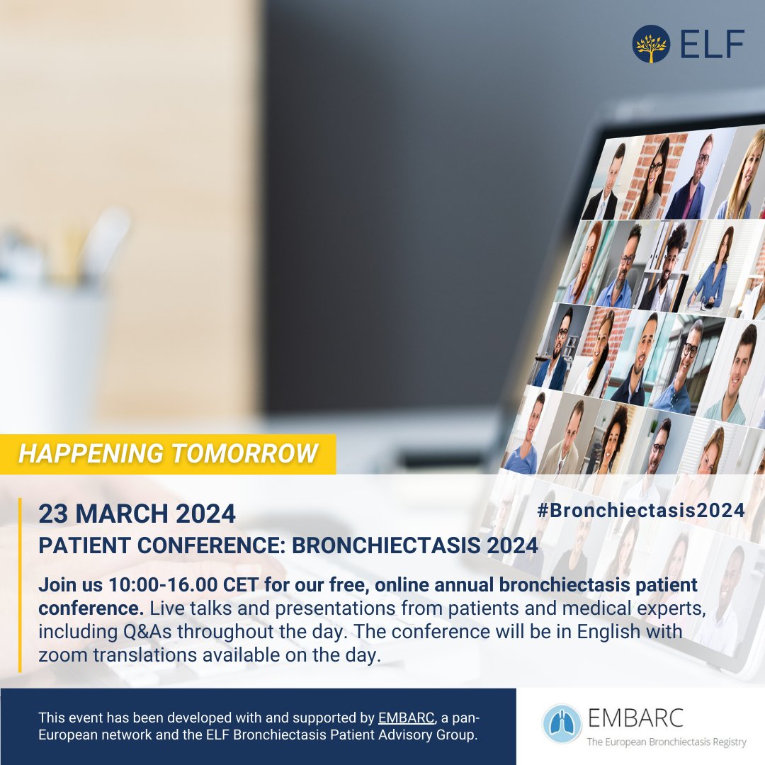 EuropeanLung's tweet photo. 📣 Last call to register for the #Bronchiectasis2024 Patient Conference, taking place tomorrow!

Don’t miss the opportunity to get the latest on bronchiectasis and ask our experts and patient speakers questions throughout the day!

Register now: https://t.co/yo4uXScrft https://t.co/kzeSjXNk8W