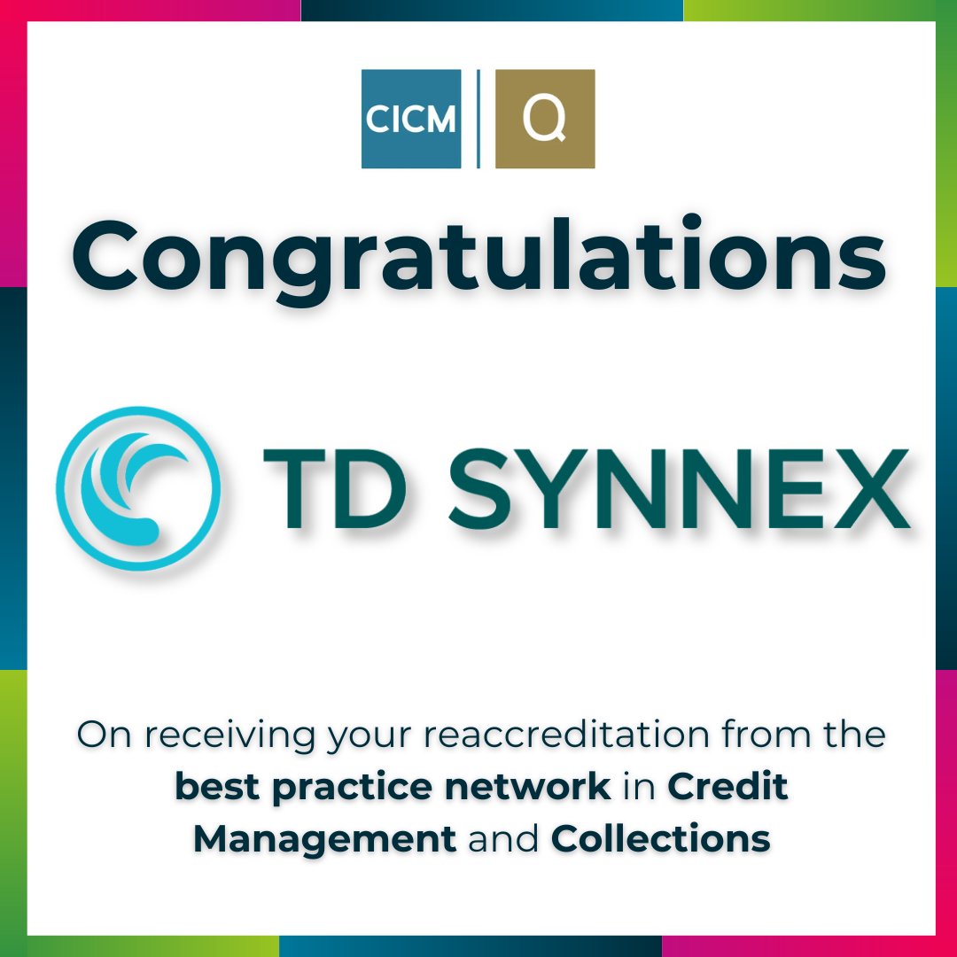 Congratulations @TDSYNNEXUK, on your CICMQ reaccreditation! 🏆 If you are interested in achieving formal recognition for best practice in credit and collections, click here: bit.ly/46zy4IZ #CICMQ #creditmanagement #debtcollections #accreditation #bestpractice