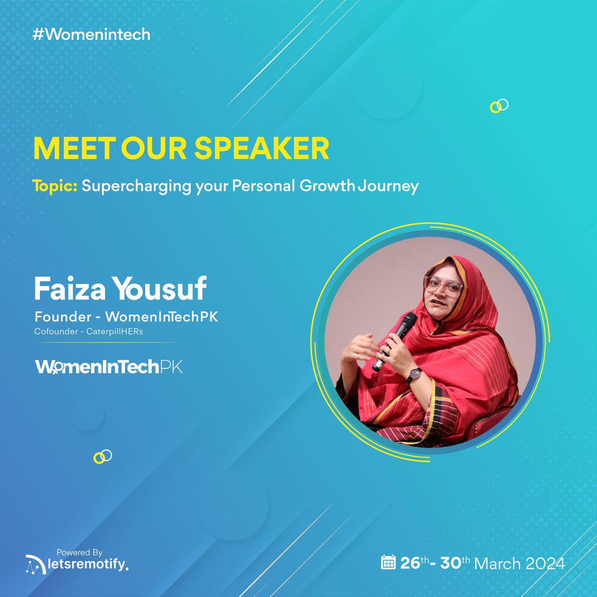 🎤 Meet @FaizaYousuf , a seasoned software engineer and serial founder empowering women in tech for over 14 years. Founder of @WomenInTechPK and co-founder of initiatives like @CodeGirlsKhi & @CaterpillHERs . Secure your spot he insightful session on 'Personal Growth Journey.'