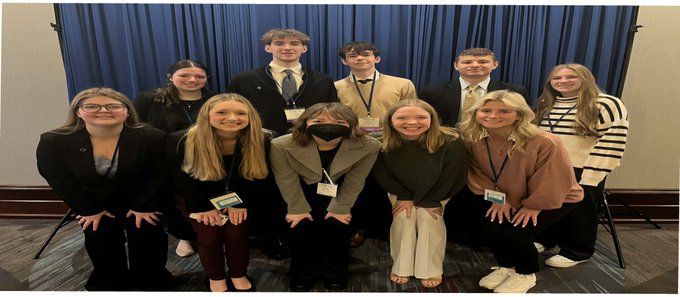Heights is among just 12 schools in Indiana to hold a DECA GOLD certification. Heights DECA members who attended the DECA Indiana State Career Development Conference in Indianapolis include front row (l-r) Addison Mann, Hannah Beechler, Autumn Anderson, Sara Totten, and Sarah Toll. Back row (l-r): Melissa Lovell, Isaiah Grimsey, Jackson Massicotte, Tquan Spencer, and Addyson Ferguson.