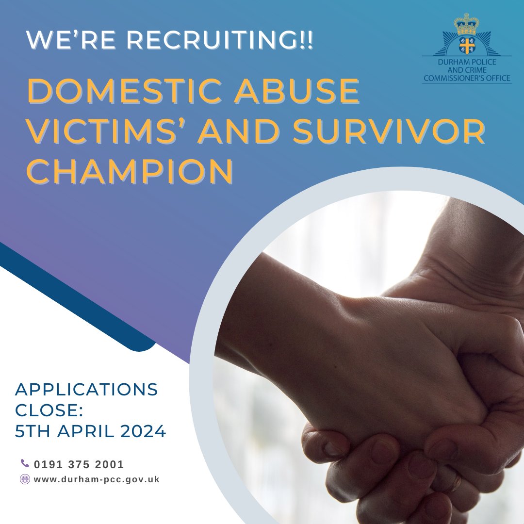 We're recruiting as a result of external funding! ⭐️Domestic Abuse Victims' and Survivors Champion 📍HQ, Aykley Heads, Durham ⌚️3 days per week 💵£22,093 - £24,055 per annum 👉Find out more and apply at durham-pcc.gov.uk/vacancies/dome…