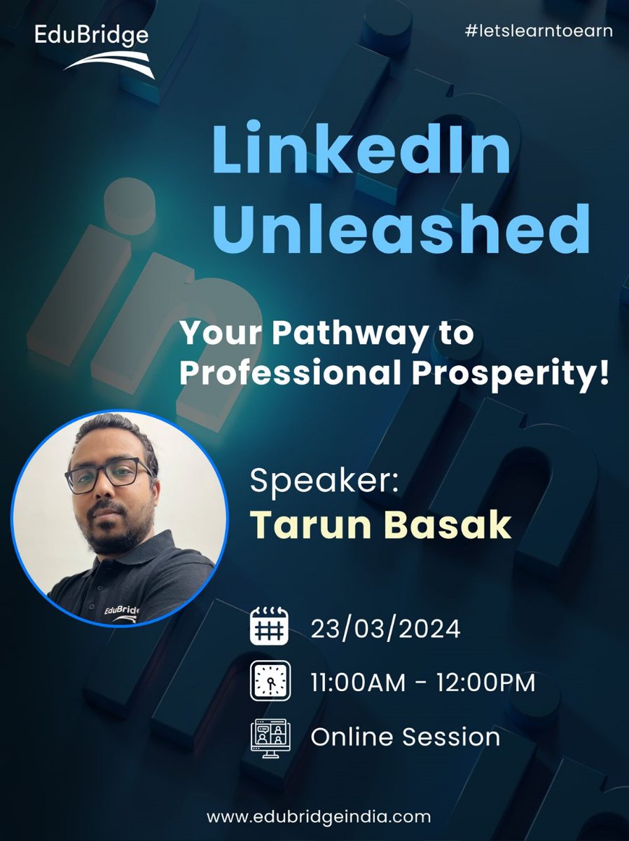 EduBridgelearn's tweet photo. π Join our LinkedIn Unleashed Masterclass with Tarun Basak! Elevate your career with insider tips! π Secure your spot now : https://t.co/2GNsGgfC5t
#LinkedInUnleashed #CareerBoost #ThankYouEduBridge #LearnersFirstAlwaysFirst #LetsLearnToEarn #EduBridge #EduBridgeReviews https://t.co/GMyClAFXL9