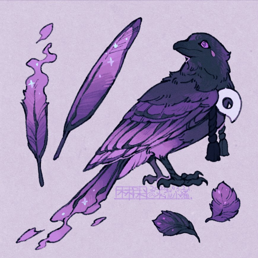 A crow with special color,a small mask hanging on his chest. The purple star-like feathers remind you of an old friend. You see his tail feathers swaying like flames, slowly dissipating in the air. You suddenly feel that you will never see him again.