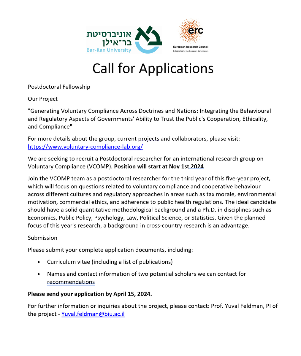 We are seeking to recruit a Postdoctoral researcher for our ERC funded research group on voluntary Compliance.  Position will start at Nov 1st 2024.  Ph.D. in disciplines such as Political Science, Psychology.   Background in cross-country research is an advantage. Please share!