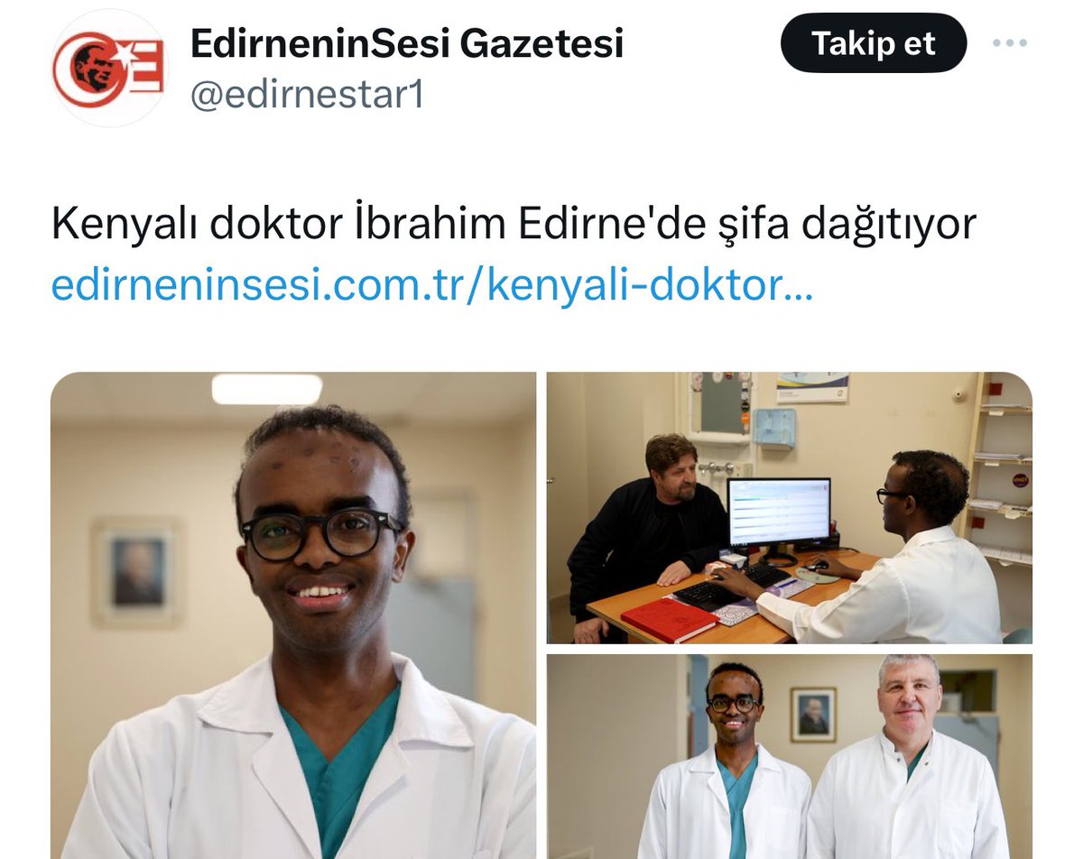 1. resim 8 yıl önce FETÖ’ cülerin Samanyolu kanalında yayınlanan bir diziden. Siyahi doktor Türkiye’de çalışıyor.

2. resim 14 Mart 2024 tarihli  (bir hafta önce) bir gazete haberinden. “Kenyalı doktor İbrahim Edirne’de şifa dağıtıyor” muş.

FETÖ hayal etti, gerçek oldu.