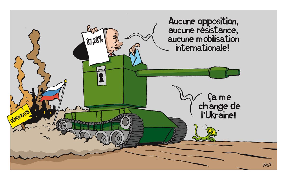 ✊✏️ CARTOONS 💬 #CartoonOfTheWeek from @LeTemps, by @NicolasVadot, #Belgium, chosen by @PatChappatte with the collaboration of @CartooningPeace and @freedomcartoons. ➡️ letemps.ch/dessin-de-la-s… #Russia #elections #Putin #victory #Ukraine #war #dictature #freedomofpress